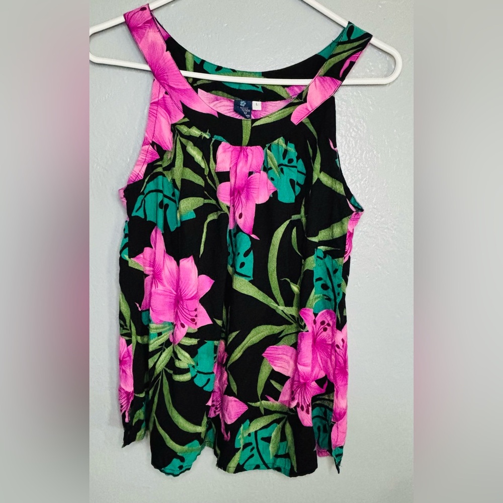 HIBISCUS COLLECTION TOP WOMENS SZ L POLYNESIAN‎ FLOWER halter straps FLORAL